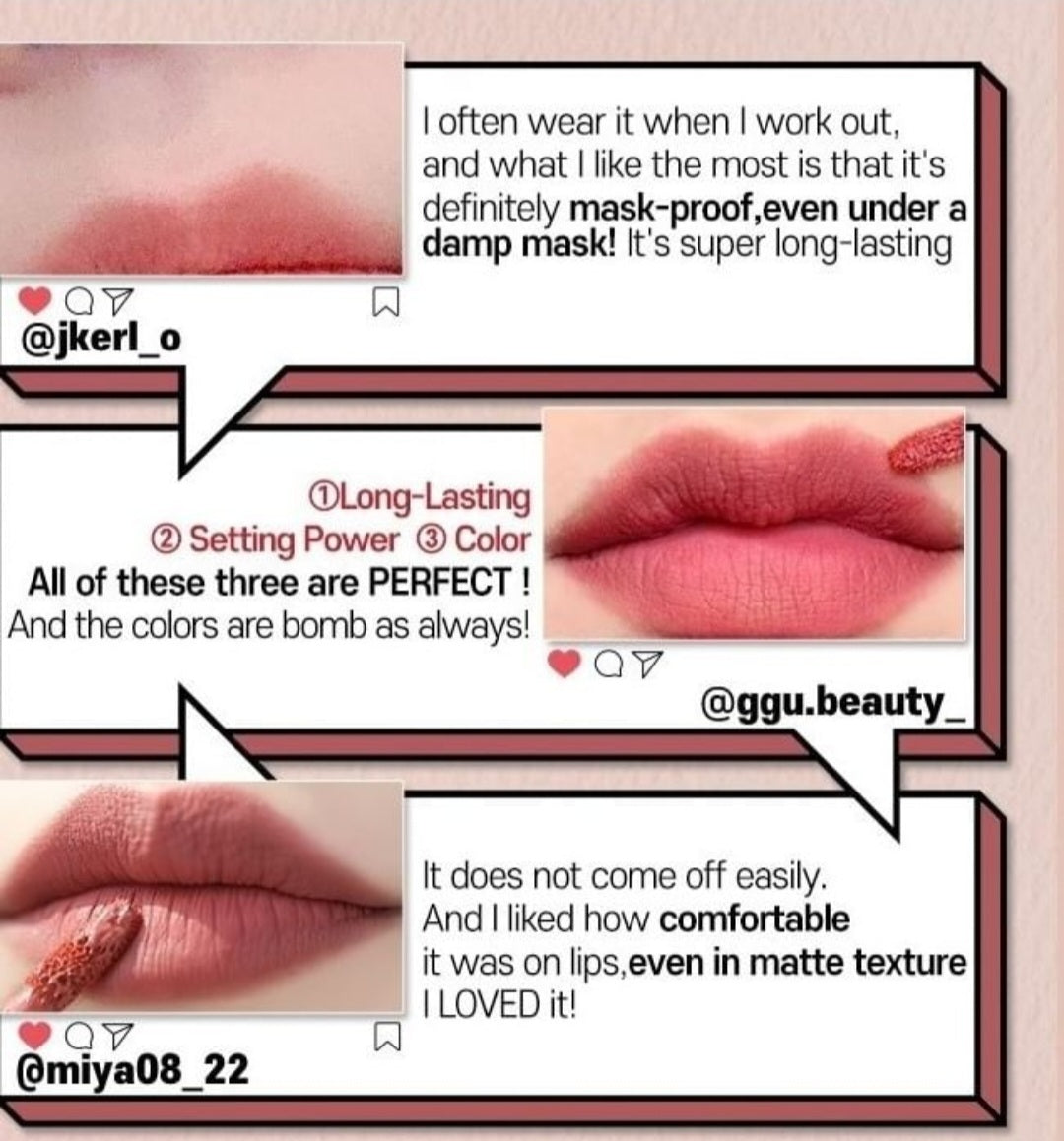 Etude fixing matt lip Tint🍬🍓🍒🍭
تنت الانوثة المخملي المات ضد المي🍒🍬🍭